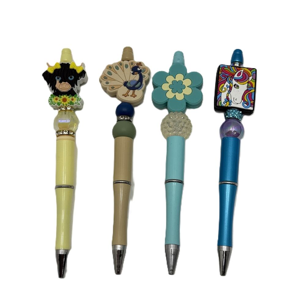Handmade Focal Pens Lot of 4 Cute Custom Beaded Pens Black Ink